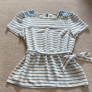 H&M Blue and Cream Striped Blouse with Gold Button Accents